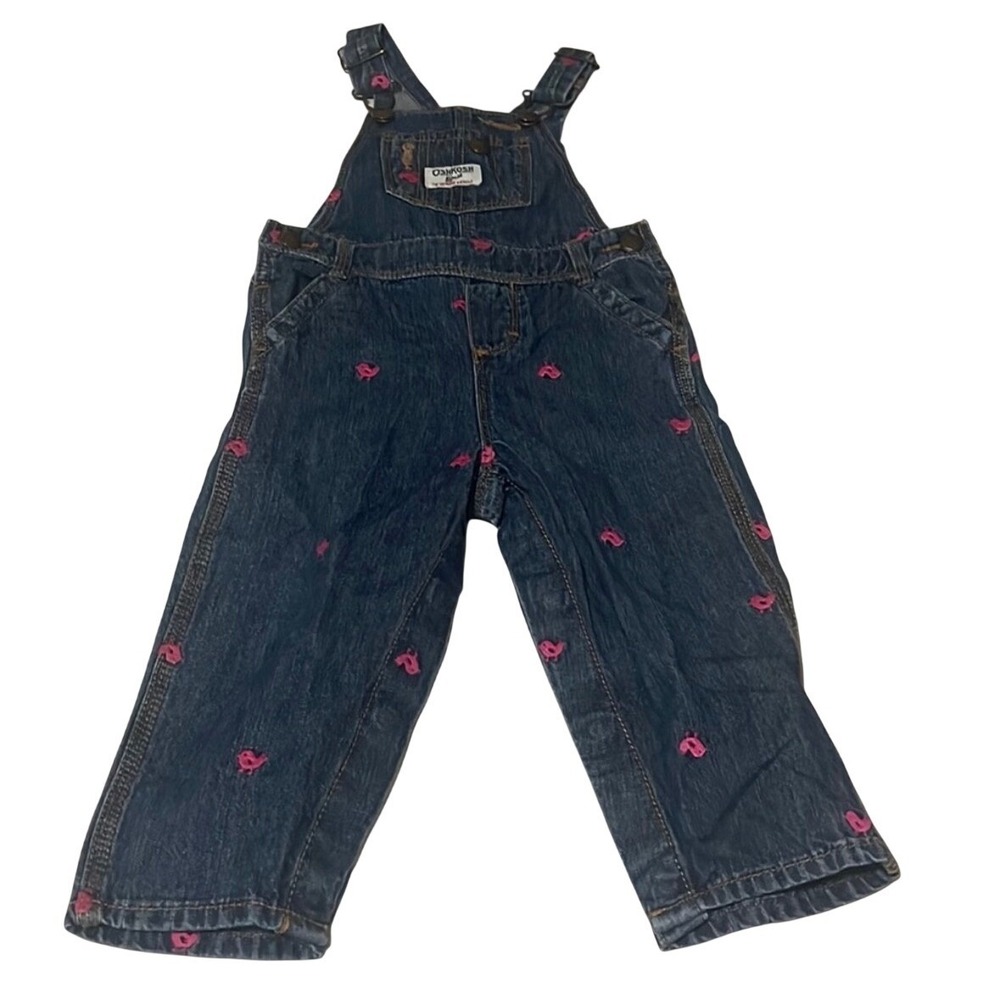 OshKosh 18M Denim Overalls Pink Bird Print Toddler Girls Cute EUC
